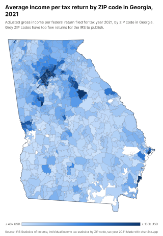 Map of Georgia by ZIP code, one number per ZIP code
