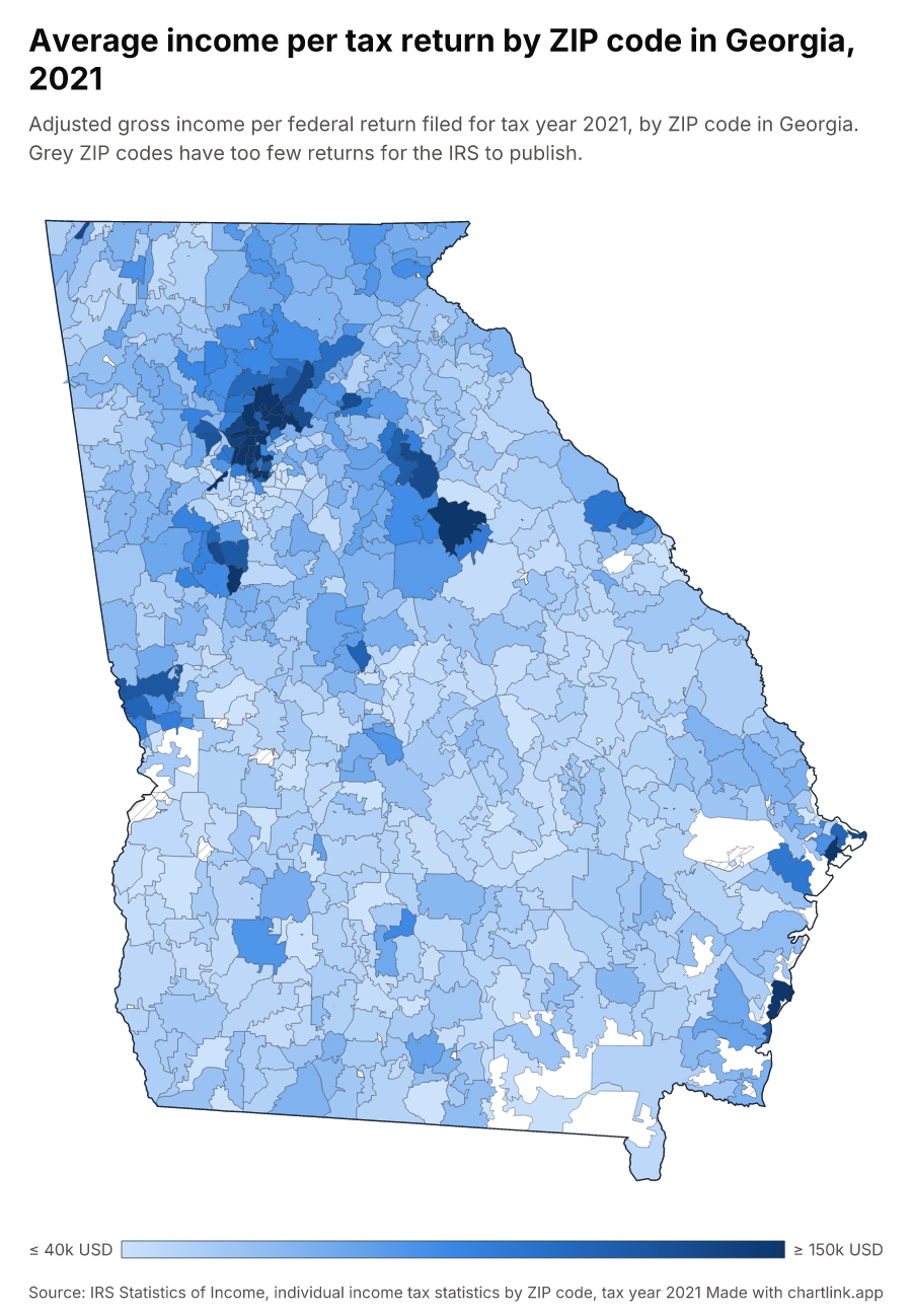 Average income per tax return by ZIP code in Georgia, 2021