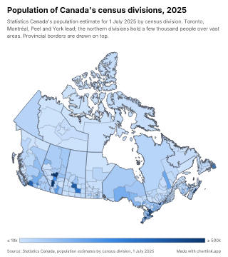 Map of Canada by census division, one number per census division