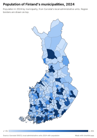 Map of Finland by municipality, one number per municipality