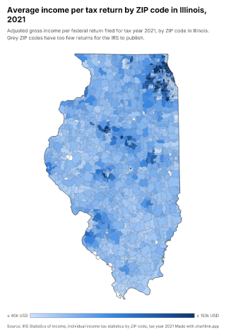 Map of Illinois by ZIP code, one number per ZIP code