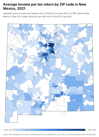 Map of New Mexico by ZIP code, one number per ZIP code