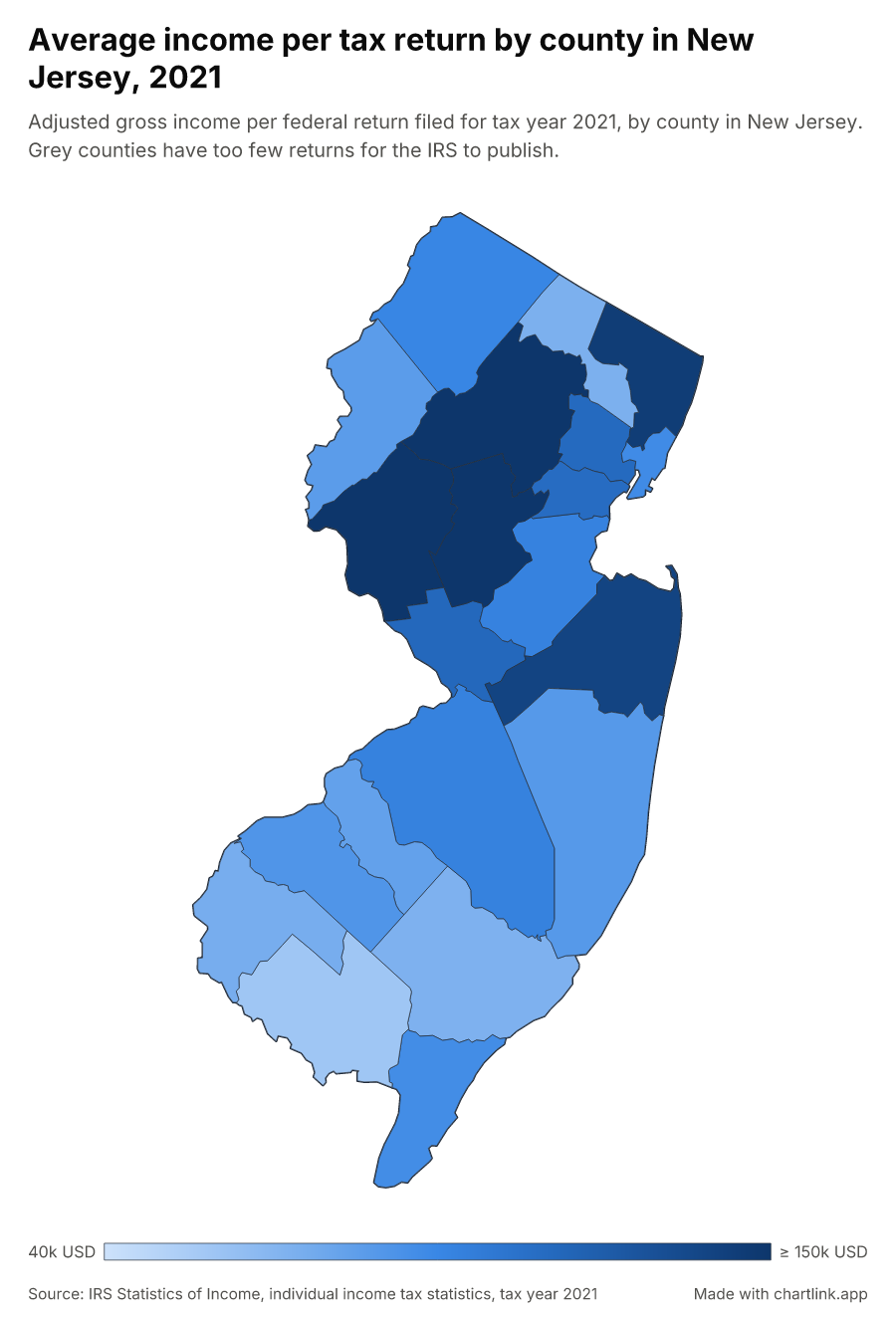 Average income per tax return by county in New Jersey, 2021