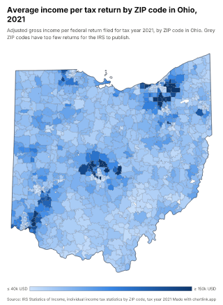 Map of Ohio by ZIP code, one number per ZIP code