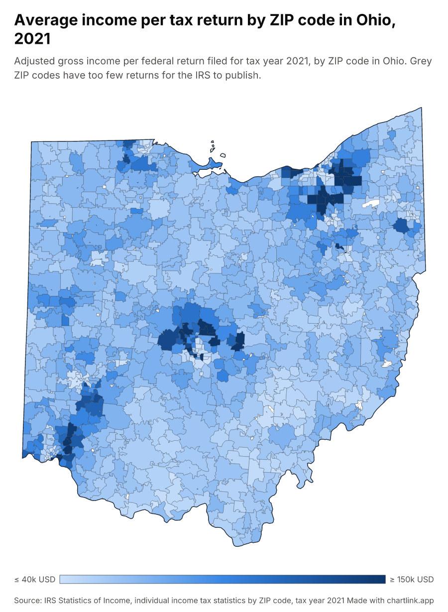Average income per tax return by ZIP code in Ohio, 2021