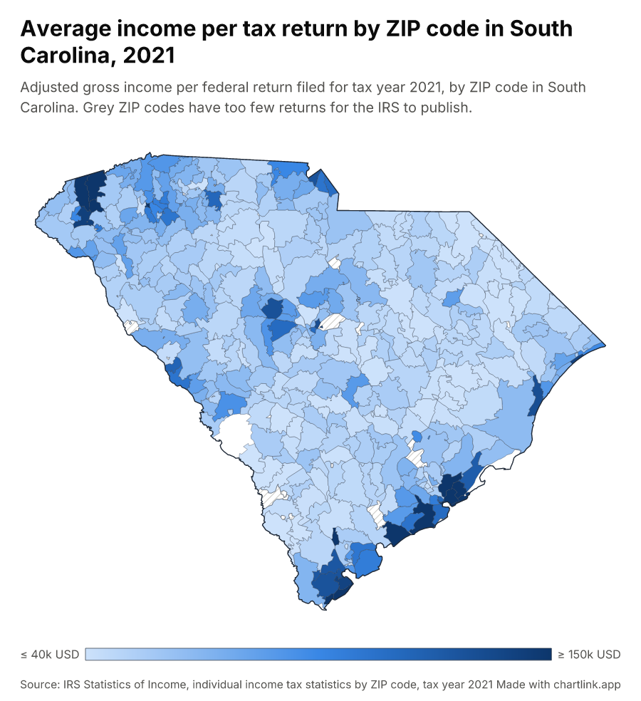 Average income per tax return by ZIP code in South Carolina, 2021