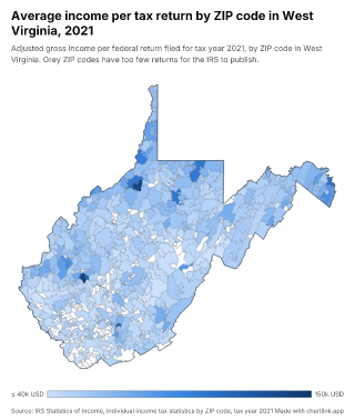 Map of West Virginia by ZIP code, one number per ZIP code