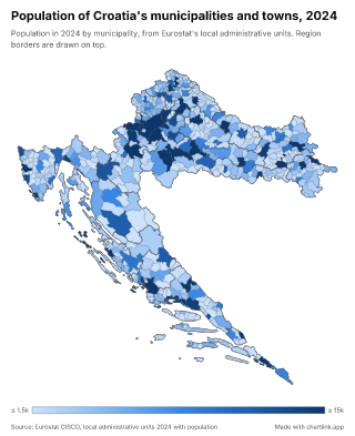 Map of Croatia by municipality, one number per municipality