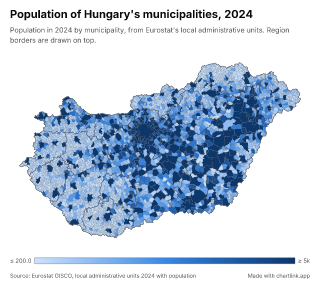 Map of Hungary by municipality, one number per municipality